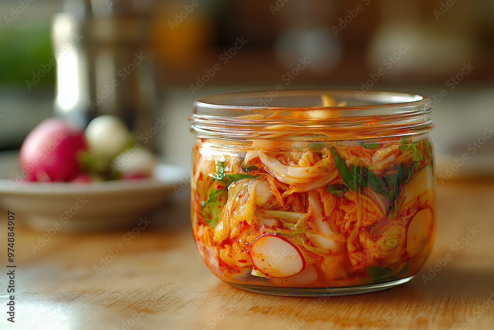 Homemade Jar of Freshly Fermented Kimchi with Radishes Homemade Jar of Freshly Fermented Kimchi with Radishes
