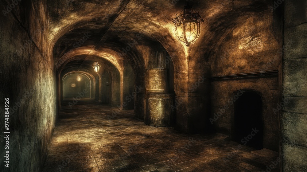 An Illuminated Stone Passageway With a Dark Doorway An Illuminated Stone Passageway With a Dark Doorway