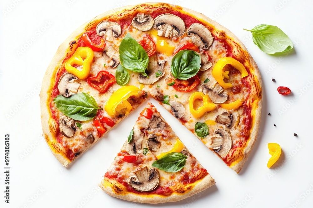 Freshly baked vegetable pizza with mushrooms and bell peppers on white background Freshly baked vegetable pizza with mushrooms and bell peppers on white background