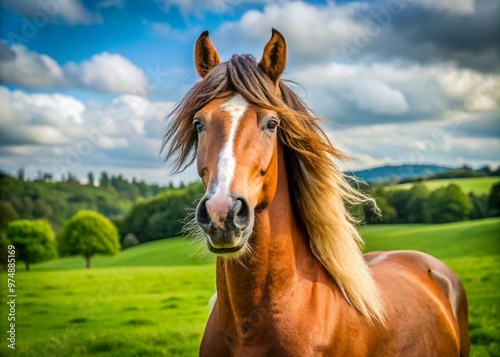 Majestic brown horse with a dignified expression and a quirky, curled mustache-like whisker on its upper lip, standing photo