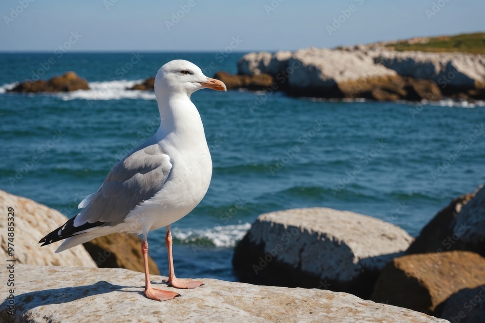 portrait of White seagull standing on rough stone in sea on sunny day, blurred background portrait of White seagull standing on rough stone in sea on sunny day, blurred background