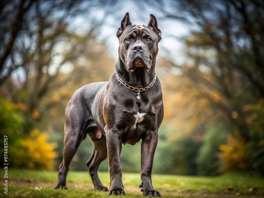 Majestic full-grown Cane Corso stands erect, showcasing its muscular physique, short coat, and piercing gaze, exuding Majestic full-grown Cane Corso stands erect, showcasing its muscular physique, short coat, and piercing gaze, exuding