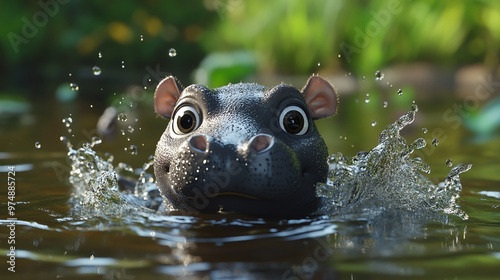 Playful baby hippo swimming in a pond, big round eyes and joyful splash, ideal for fun and lively childrens artwork