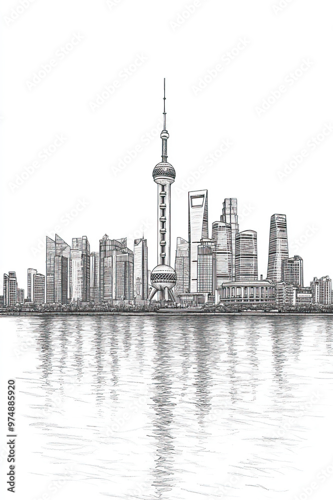 Obraz premium Tianjin, China, black and white pen pencil hand-drawn effect portrait drawing illustration for travel poster, card, wallpaper, backdrop or banner. Modern, clear, artistic and simple