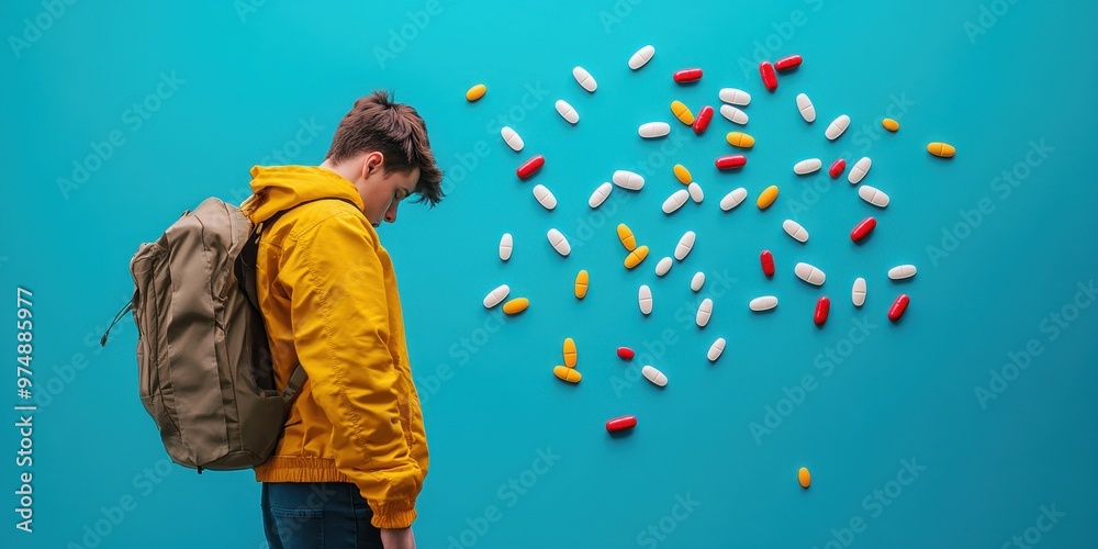 Fototapeta premium A young man in a yellow jacket stands against a vibrant blue wall, surrounded by colorful pills, illustrating health and wellness themes.