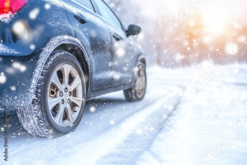 Car navigating snowy winter road in morning sunlight