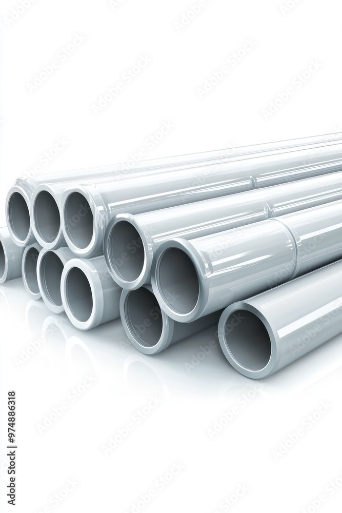 Fototapeta premium Stack of PVC pipes isolated on white background, realistic reflections
