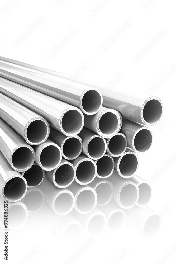Fototapeta premium Stack of PVC pipes isolated on white background, realistic reflections