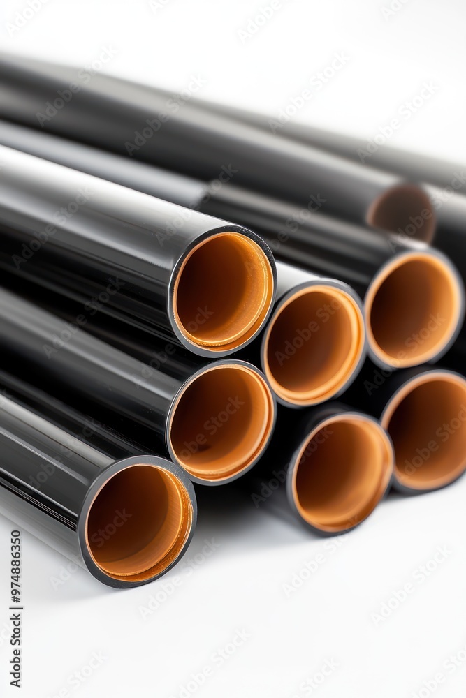 Stack of PVC pipes isolated on white background, realistic reflections Stack of PVC pipes isolated on white background, realistic reflections
