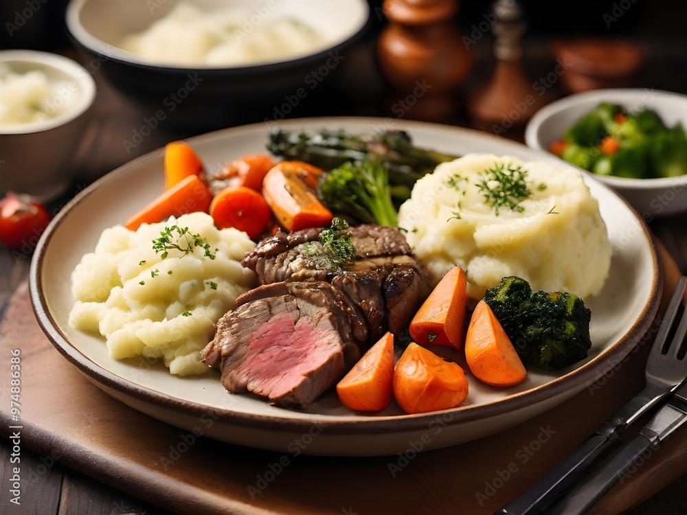 A plate of meat with a side of mashed potatoes and vegetable A plate of meat with a side of mashed potatoes and vegetable