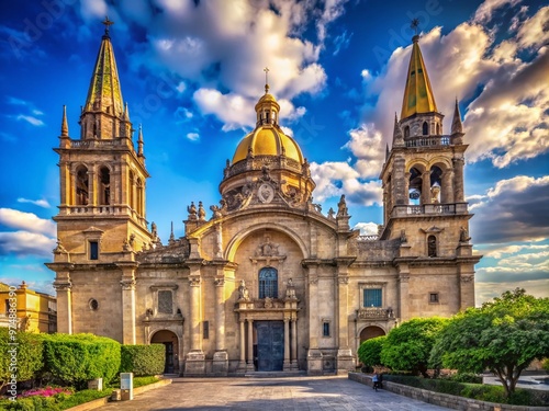 Majestic Guadalajara Cathedral's ornate stone facade rises against a vibrant blue sky, its towers and intricate