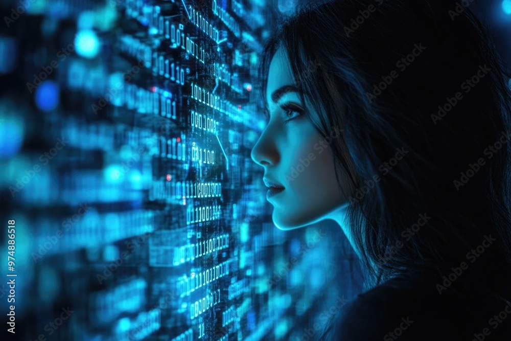 Woman analyzing digital code in futuristic technology environment Woman analyzing digital code in futuristic technology environment