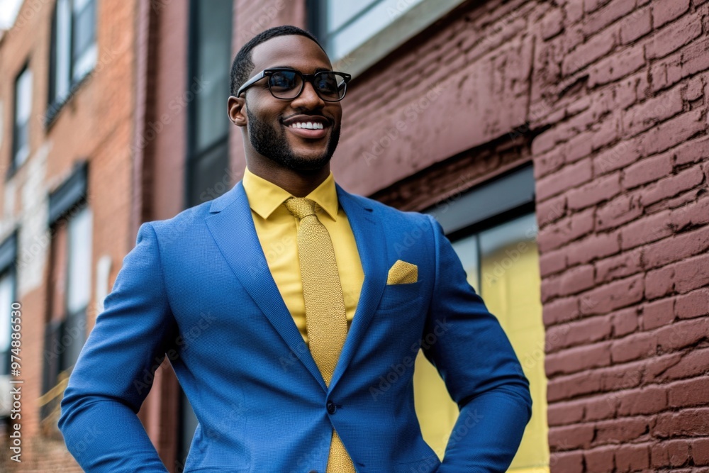 Confident businessman in blue suit and yellow tie standing by brick building Confident businessman in blue suit and yellow tie standing by brick building