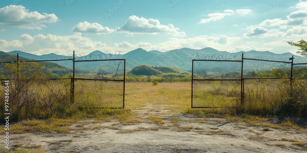 An open gate reveals a serene landscape with mountains on the horizon and a clear blue sky, inviting exploration and adventure. An open gate reveals a serene landscape with mountains on the horizon and a clear blue sky, inviting exploration and adventure.