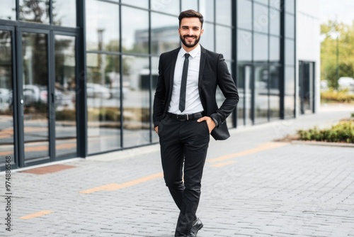 Confident businessman in formal suit walking outdoors near modern glass building