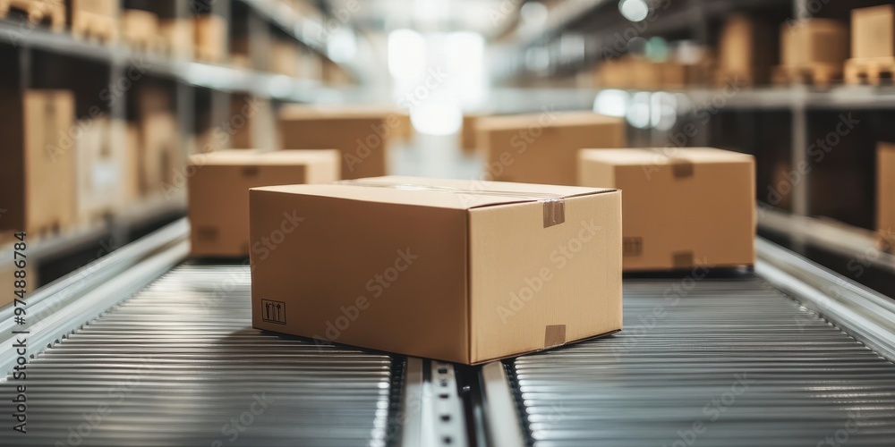 Cardboard boxes on a conveyor belt in a warehouse, representing logistics, shipping, and efficient distribution processes.