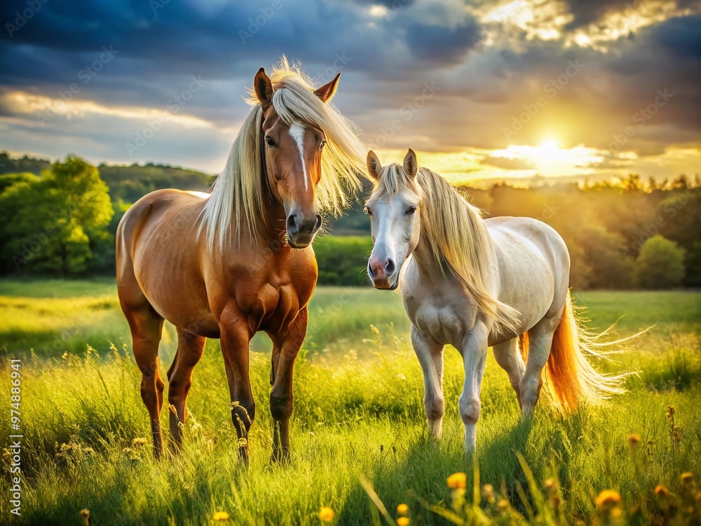 Majestic mare and stallion horses graze peacefully together in a serene, sun-drenched meadow, their manes and tails