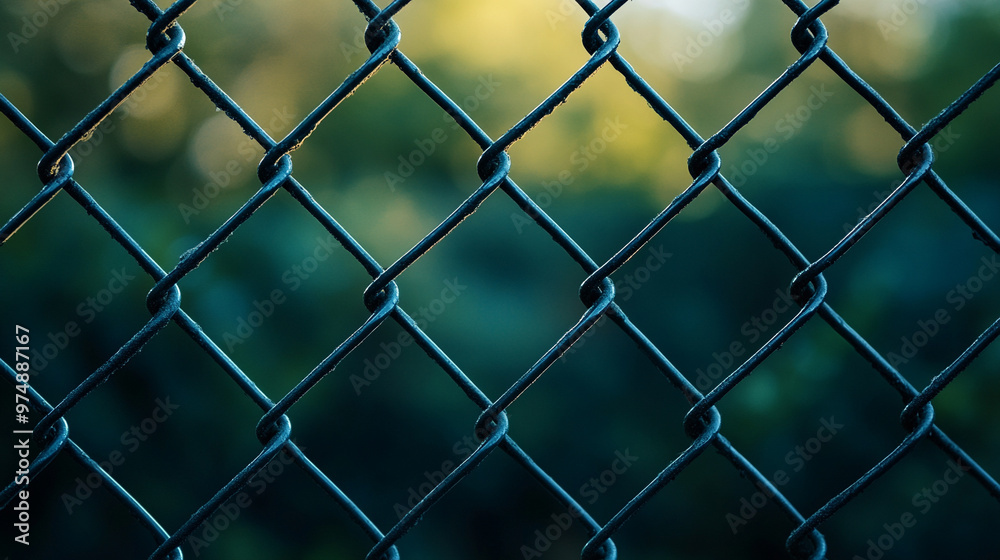 Naklejka premium chain-link fence stands out against a softly blurred background, symbolizing boundaries, separation, and the contrast between freedom and confinement