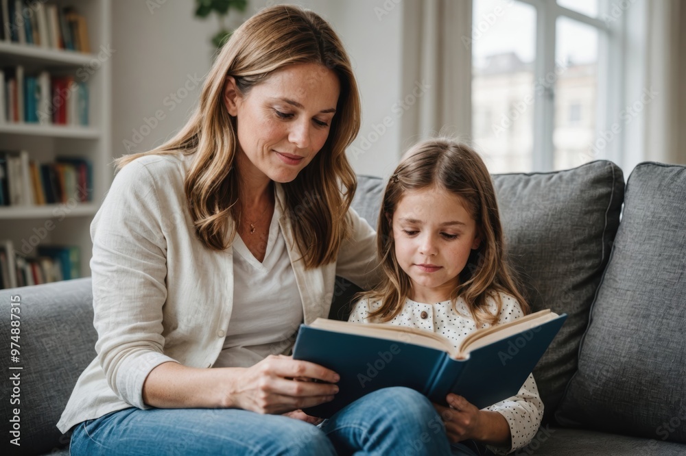 Portrait of Mother reading book with daughter on sofa at home