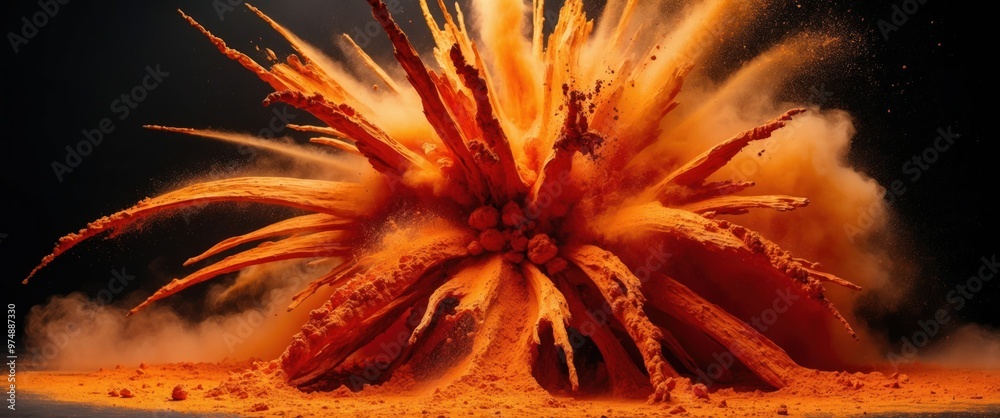 Stunning orange explosion creates dynamic visual of energy and color. Captures motion and texture, ideal for creative and scientific concepts.