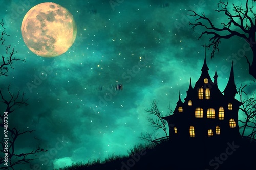 cemetery on halloween night with evil pumpkins, bats and in the background a haunted castle and the full moon. Halloween Banner illustration