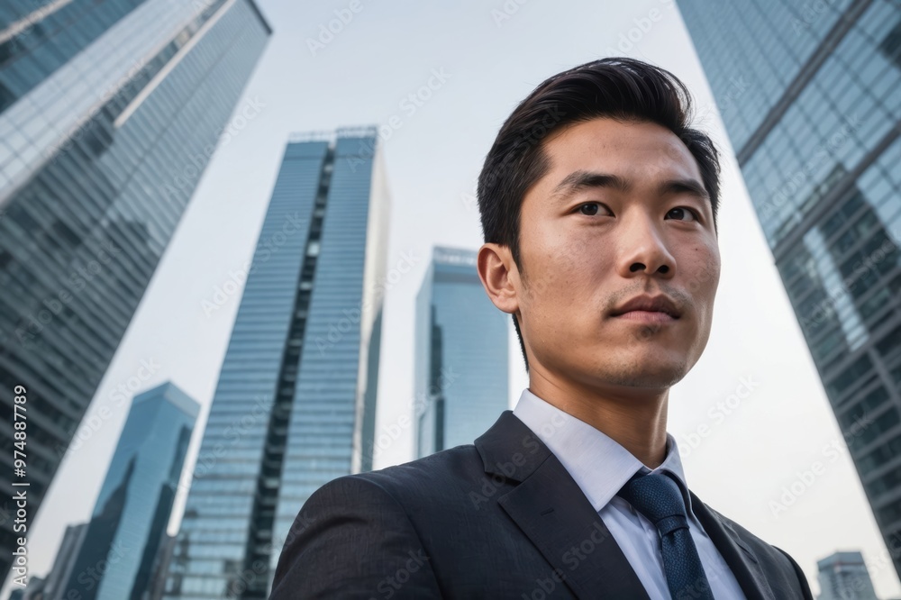 Low angle Portrait of Confident young Asian Businessman against skyscrapers background Low angle Portrait of Confident young Asian Businessman against skyscrapers background