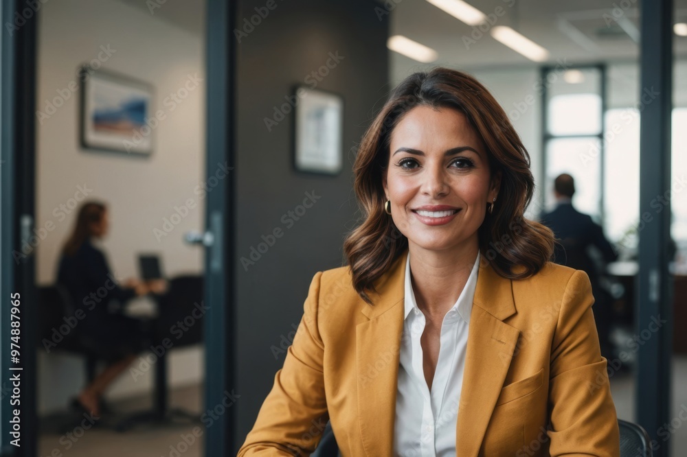 Latin Businesswoman with coffee cup while sitting at entrance in office Latin Businesswoman with coffee cup while sitting at entrance in office