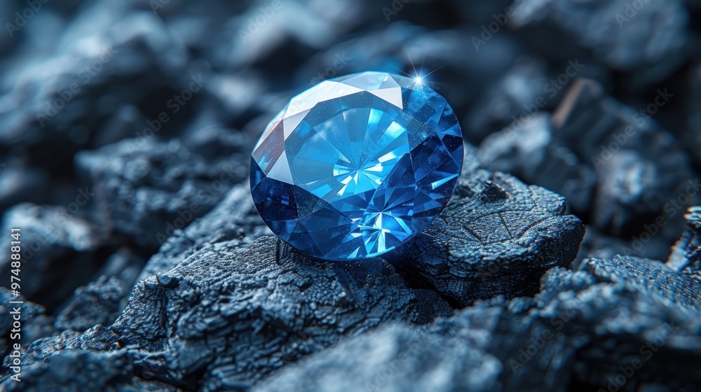 A single blue diamond, sparkling brightly, rests on a bed of rough, gray stones. A single blue diamond, sparkling brightly, rests on a bed of rough, gray stones.