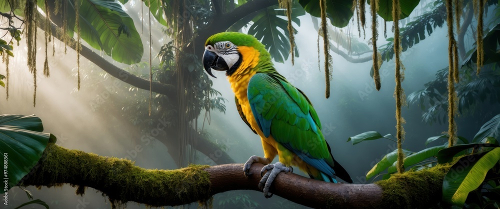 Obraz premium Vibrant macaw perched on branch in lush rainforest, sunlight filtering through foliage. A stunning representation of tropical wildlife and biodiversity.