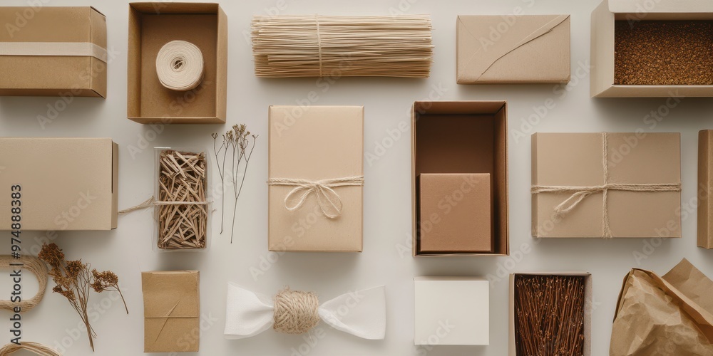Various beige packaging elements arranged aesthetically on a neutral background, perfect for gift wrapping and decoration. Various beige packaging elements arranged aesthetically on a neutral background, perfect for gift wrapping and decoration.