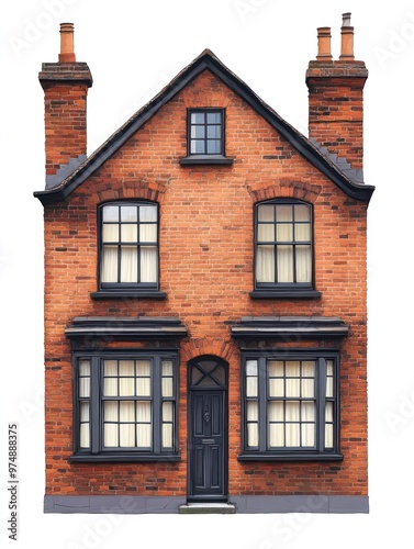 Traditional brick house isolate on white background, detailed windows,