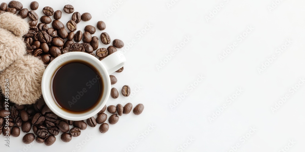 Warm coffee cup surrounded by roasted beans, creating a cozy atmosphere perfect for morning rituals and relaxation. Warm coffee cup surrounded by roasted beans, creating a cozy atmosphere perfect for morning rituals and relaxation.