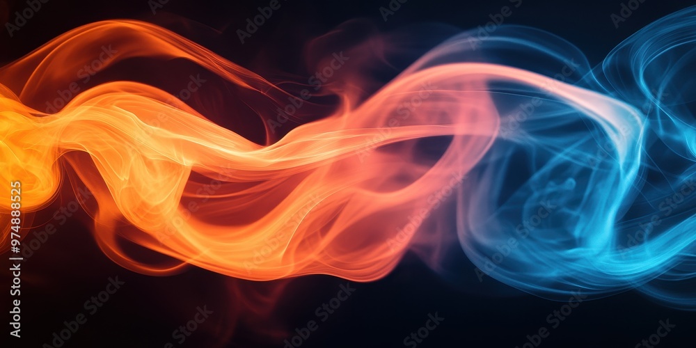 Vibrant waves of orange and blue smoke gracefully swirl against a dark backdrop, creating a mesmerizing visual display. Vibrant waves of orange and blue smoke gracefully swirl against a dark backdrop, creating a mesmerizing visual display.