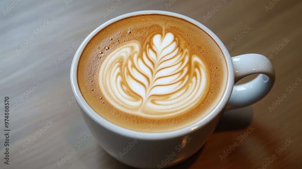 Freshly brewed coffee with latte art in a white cup Freshly brewed coffee with latte art in a white cup