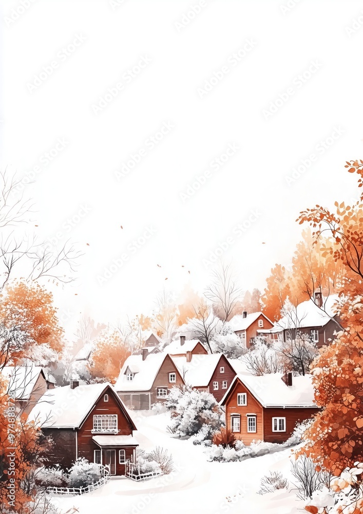 Naklejka premium Charming winter landscape with quaint houses and vibrant autumn foliage in a serene village setting