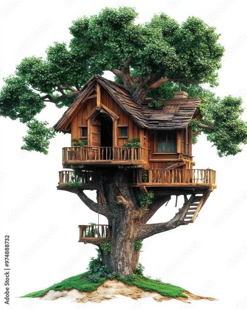 Tree house isolate on white background, surrounded by greenery, Tree house isolate on white background, surrounded by greenery,