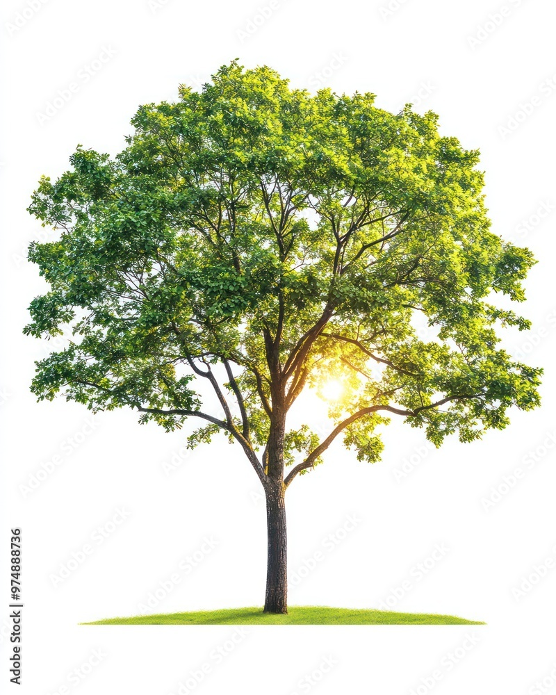 Fototapeta premium Tree isolate on white background, full leaves, bright sunlight,