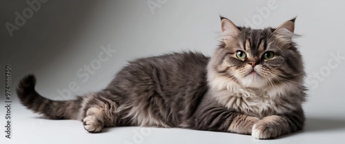 Fluffy gray cat with green eyes lounging calmly against a neutral backdrop. Ideal for pet lovers and animal companionship themes. photo