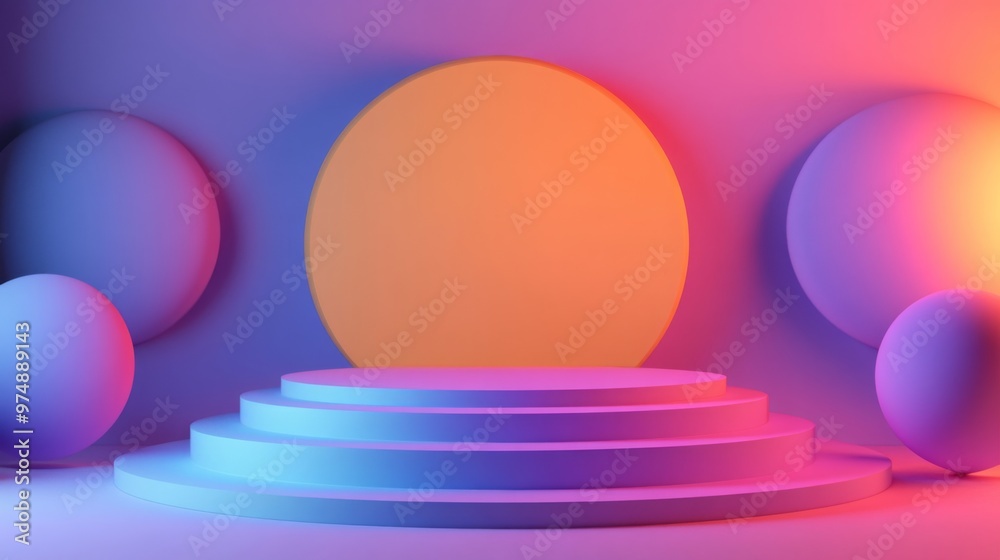 Obraz premium Geometric 3D rendering of a colorful podium with a circular background, illuminated by a top-down spotlight.
