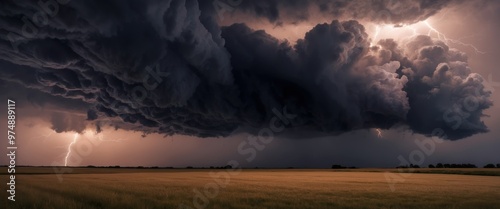 Dramatic storm clouds with lightning illuminate dark sky over expansive field, creating a tense atmosphere. Nature's power displayed in vivid detail.