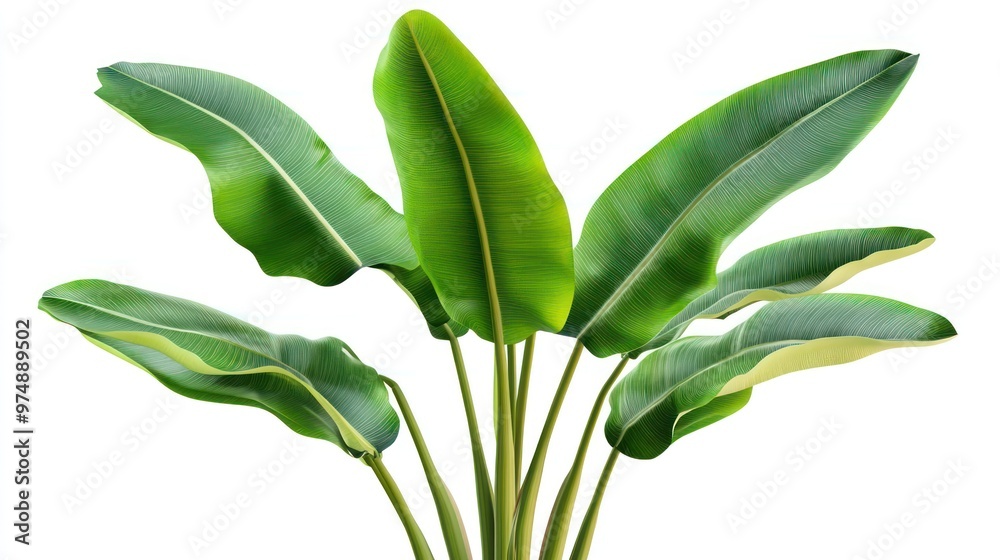 Obraz premium Tropical banana tree with broad green leaves, isolated on white background, high detail