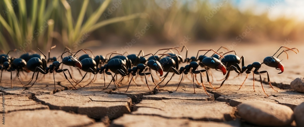 Fototapeta premium Image captures ants marching in a dry landscape, showcasing teamwork and movement in their natural habitat.