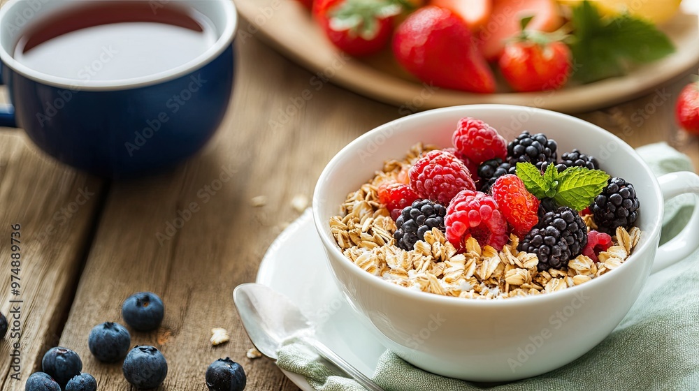 Healthy breakfast with oatmeal, fresh fruit, and a cup of tea Healthy breakfast with oatmeal, fresh fruit, and a cup of tea
