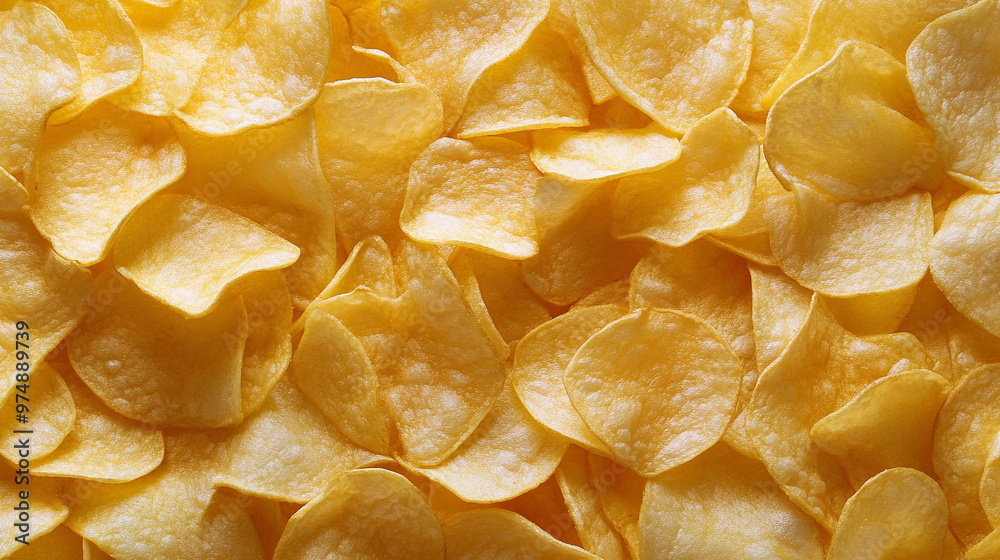 potato chips arranged in a satisfying texture, offering a close-up view of their crunchy, golden surface. Perfect for themes of indulgence and snack pleasure potato chips arranged in a satisfying texture, offering a close-up view of their crunchy, golden surface. Perfect for themes of indulgence and snack pleasure