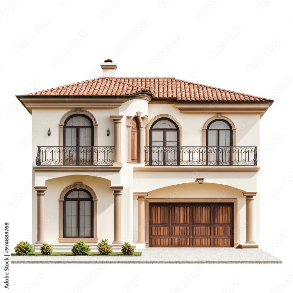 Two-story house isolate on white background, front view, Two-story house isolate on white background, front view,