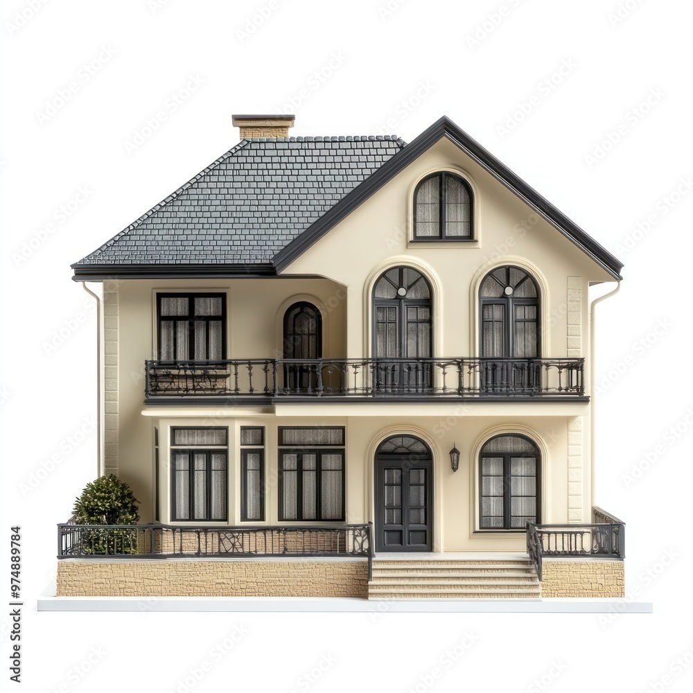 Two-story house isolate on white background, front view, Two-story house isolate on white background, front view,