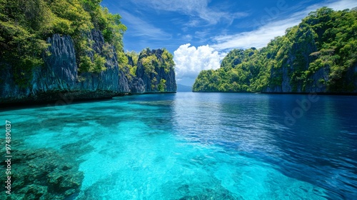 Clear blue water in a tropical lagoon, vibrant colors,