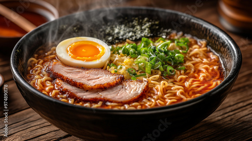 Bowl of Chinese Noodles with Meat, Egg, and Onion