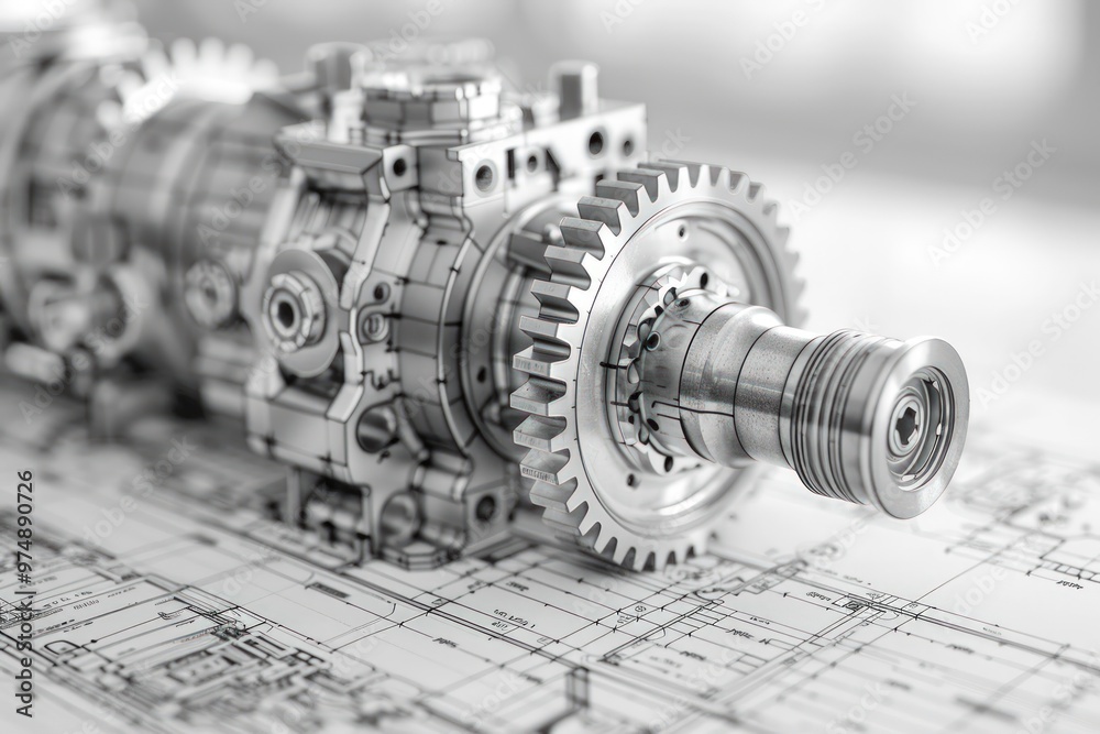 Closeup of a metallic gear and shaft on a blueprint. Closeup of a metallic gear and shaft on a blueprint.