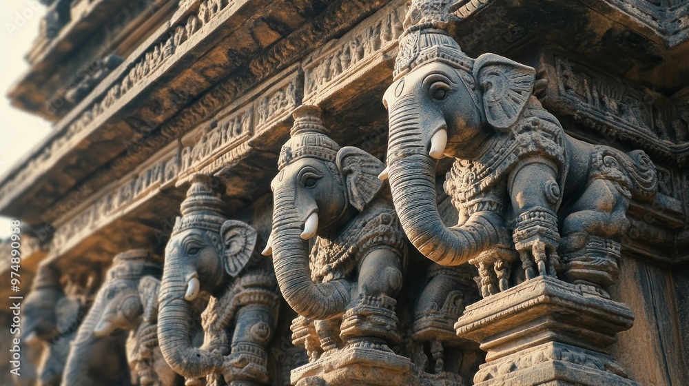 Fototapeta premium Stone Carvings of Elephants on an Ancient Temple Wall